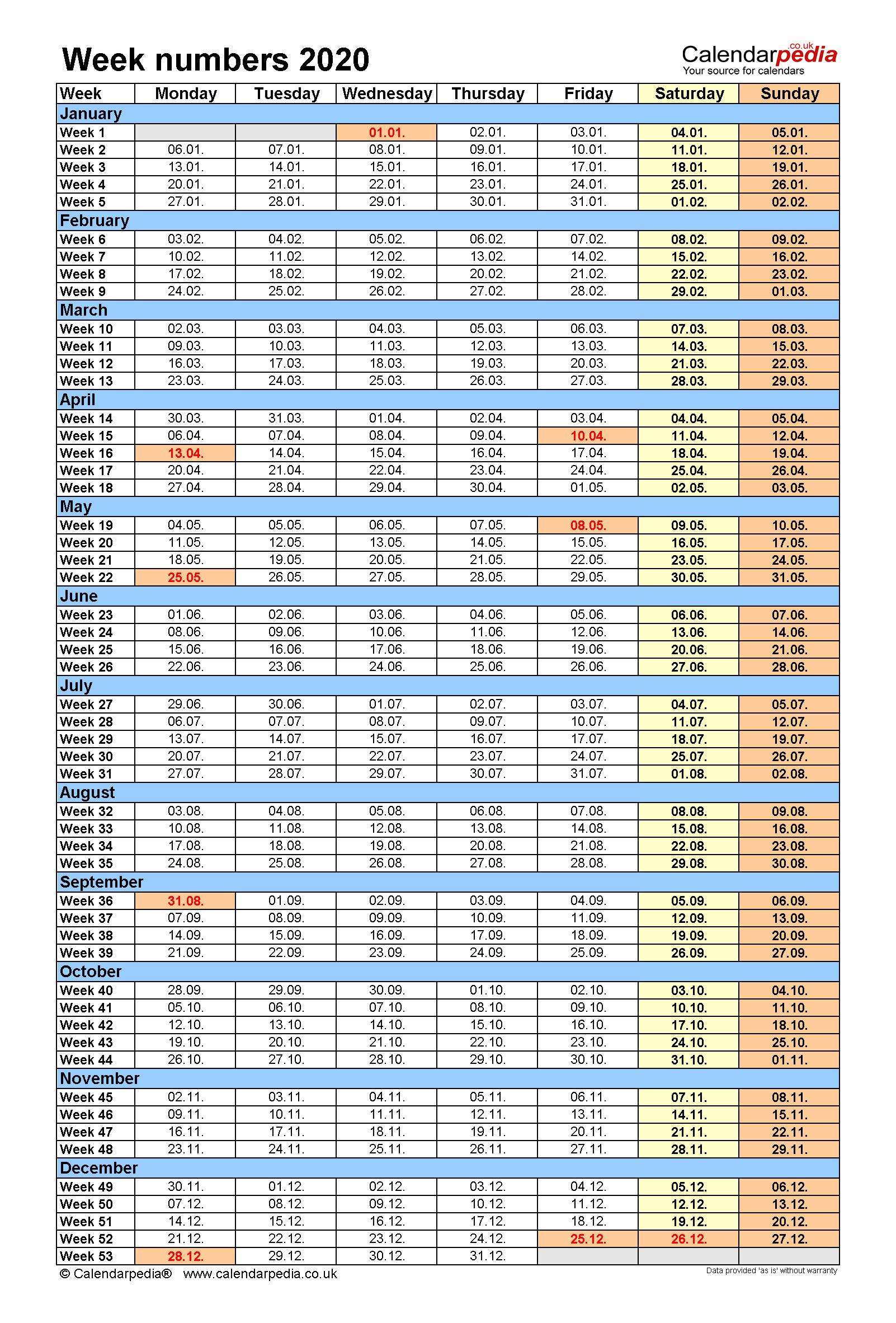 Week Numbers 2020 With Excel, Word And Pdf Templates