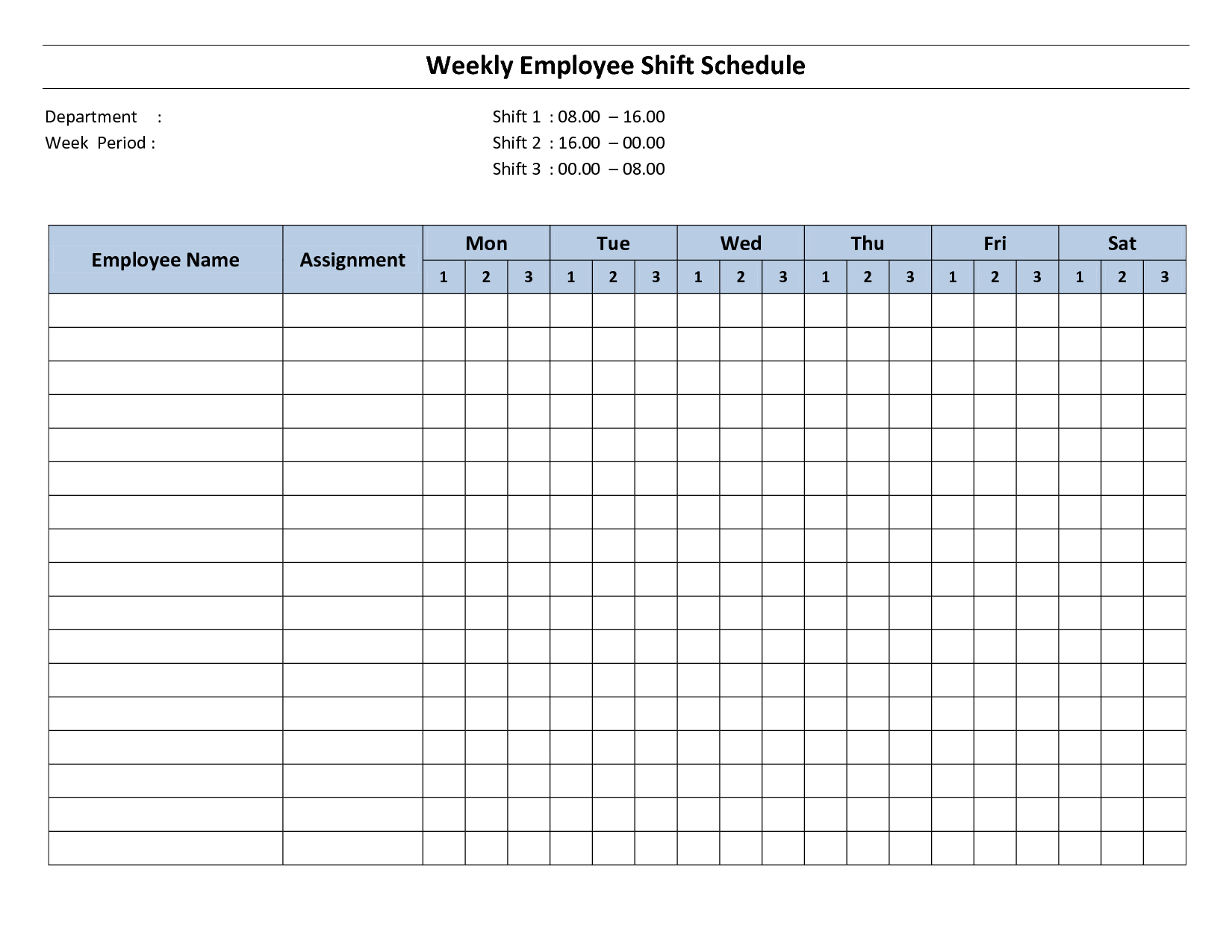 Weekly Employee Shift Schedule - 8 Hour Shift | Cleaning