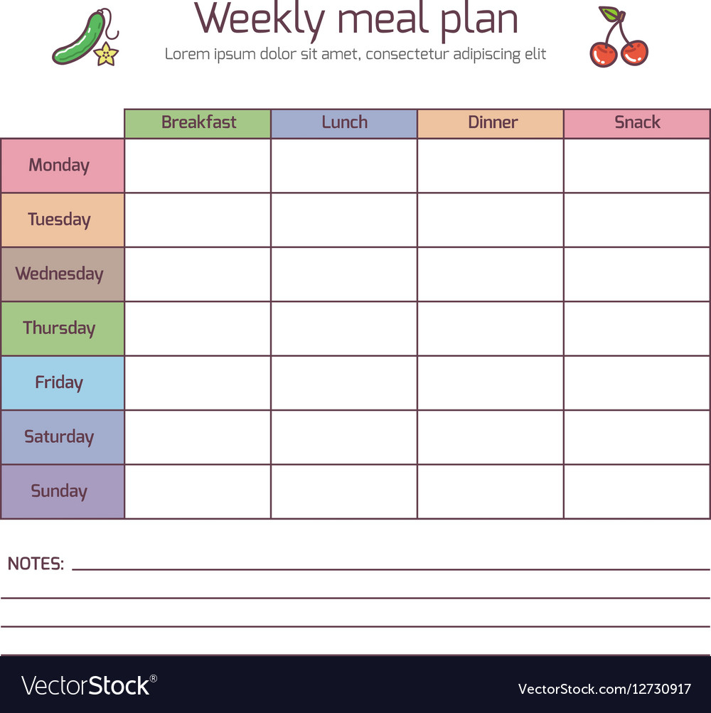 Weekly Meal Plan Mealtime Diary Royalty Free Vector Image