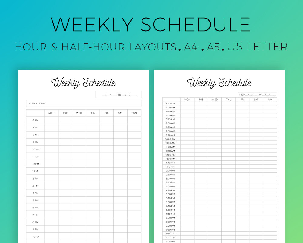 Weekly Schedule Printable Hourly Layout Half-Hour Layout