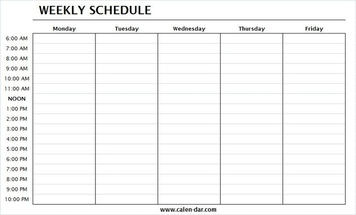 Monday Through Friday Calendar With Hours