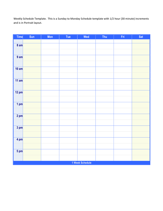 Weekly Schedule Template With 30 Minutes Increment In Word