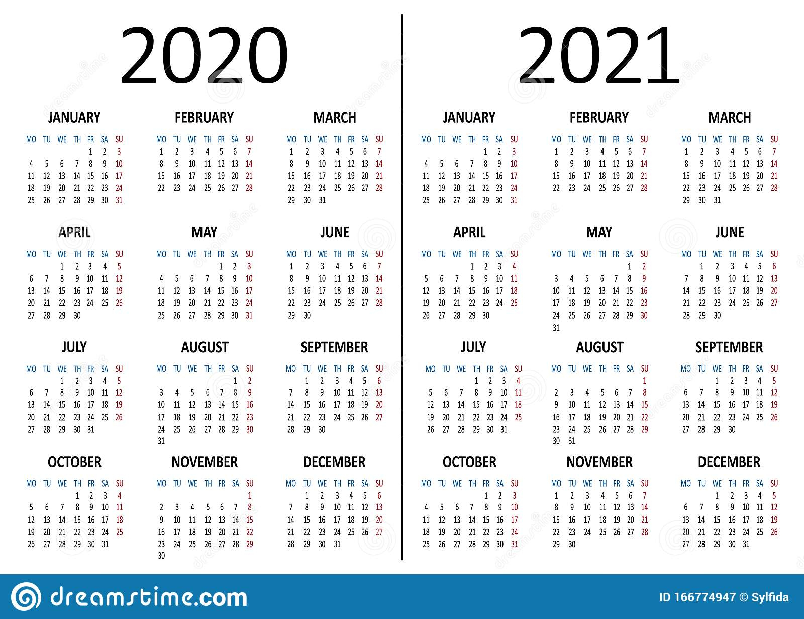 Yearly Calendar 2020, 2021. Week Starts From Monday