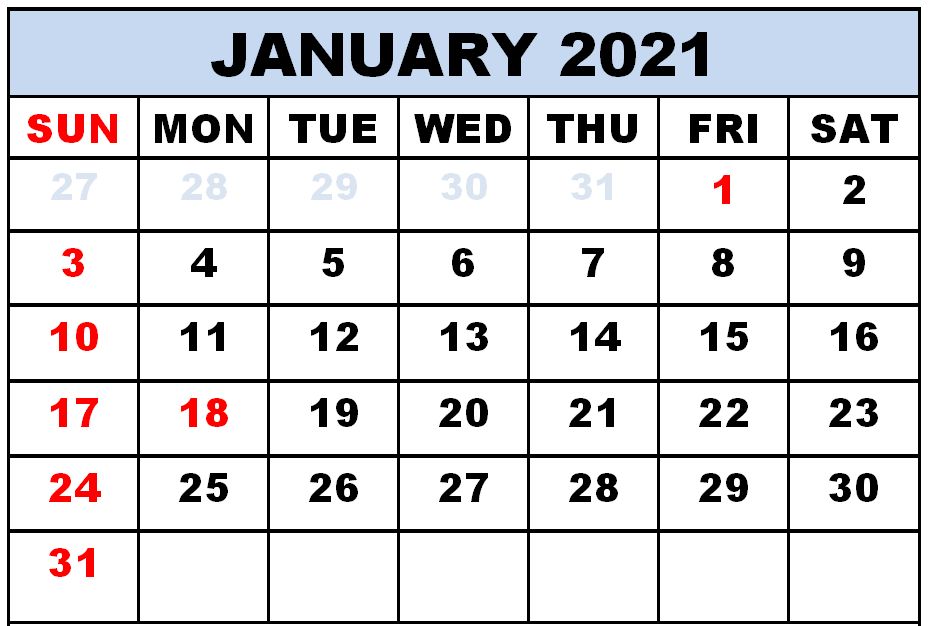 15+ Free Blank January 2021 Fillable Calendar Template To Print With Large Space Notes