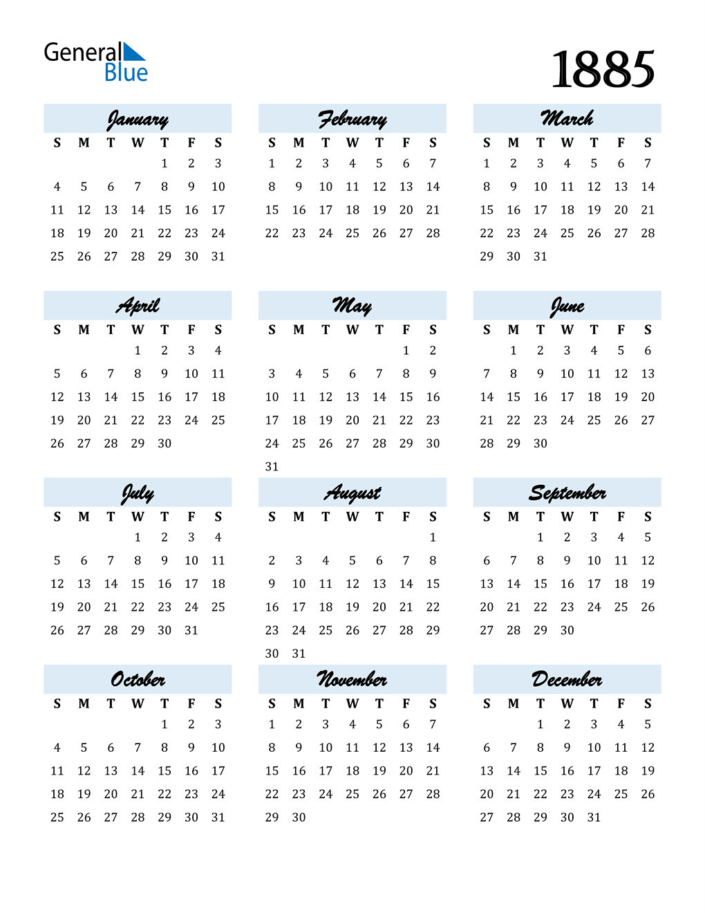 1885 Calendar (Pdf, Word, Excel)