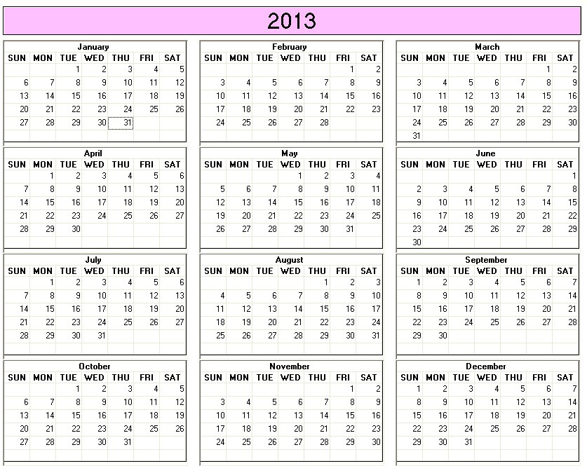 2013 Calendar - 30 Day Challenge
