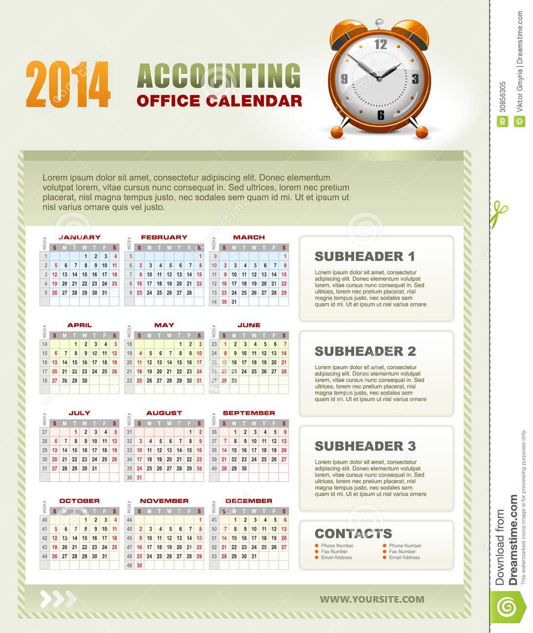 2014 Accounting Calendar With Week Numbers Vector Stock