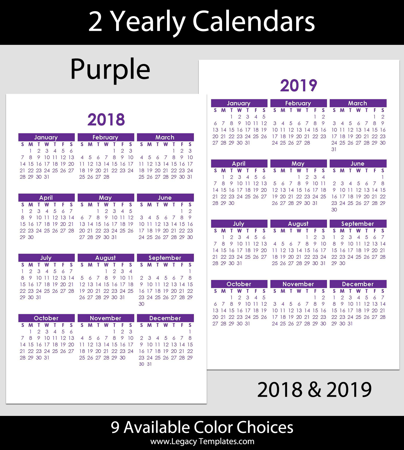 2018 &amp; 2019 Yearly Calendar - 5.5 X 8.5 | Legacy Templates