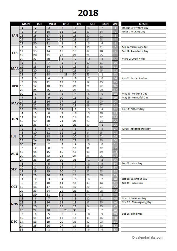 2018 Business Project Planning Calendar With Week Number