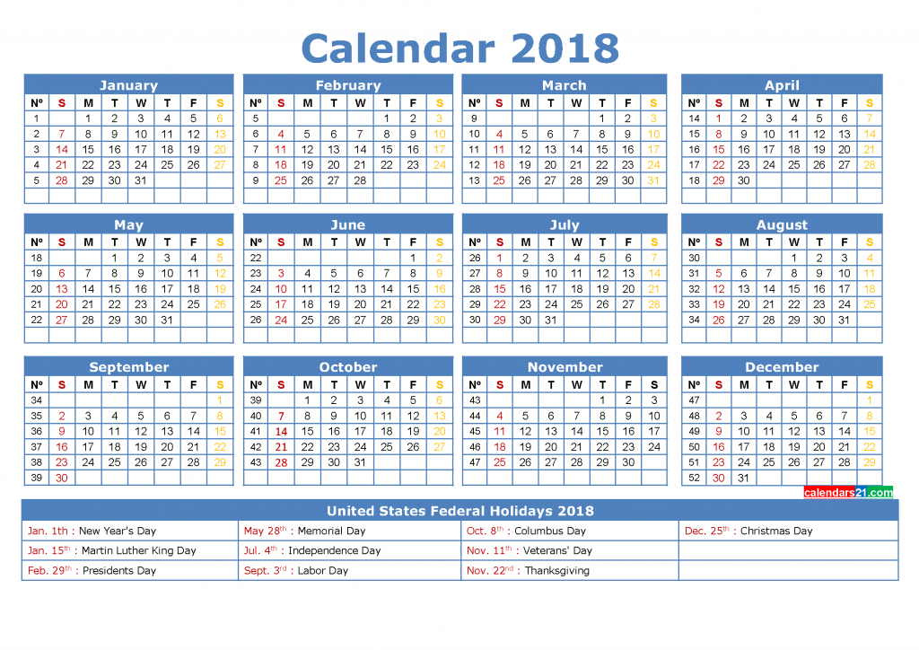 2018 Calendar With Week Numbers Printable Pdf, Image
