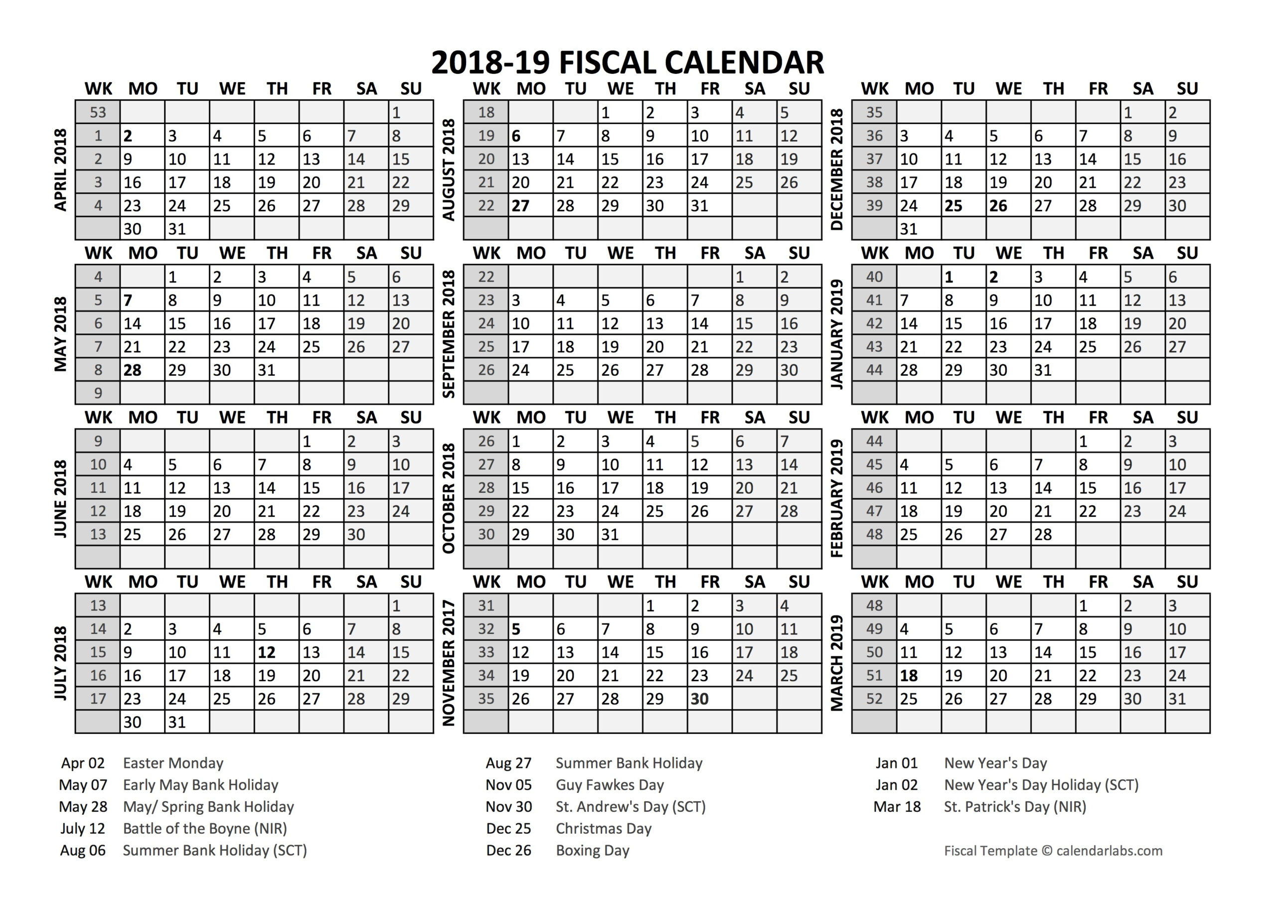 2018 Fiscal Calendar Template Starts At April - Free