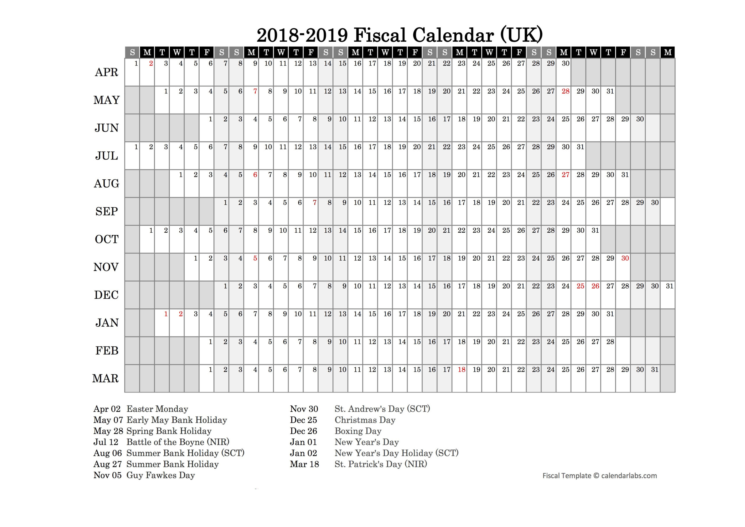 2018 Fiscal Year Calendar - Free Printable Templates
