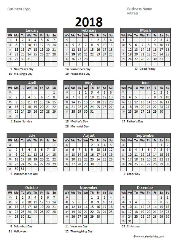 2018 Yearly Business Calendar With Week Number - Free