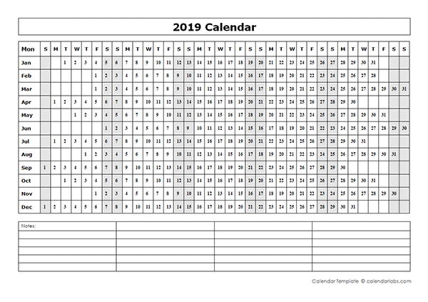 2019 Blank Year At A Glance Calendar - Free Printable