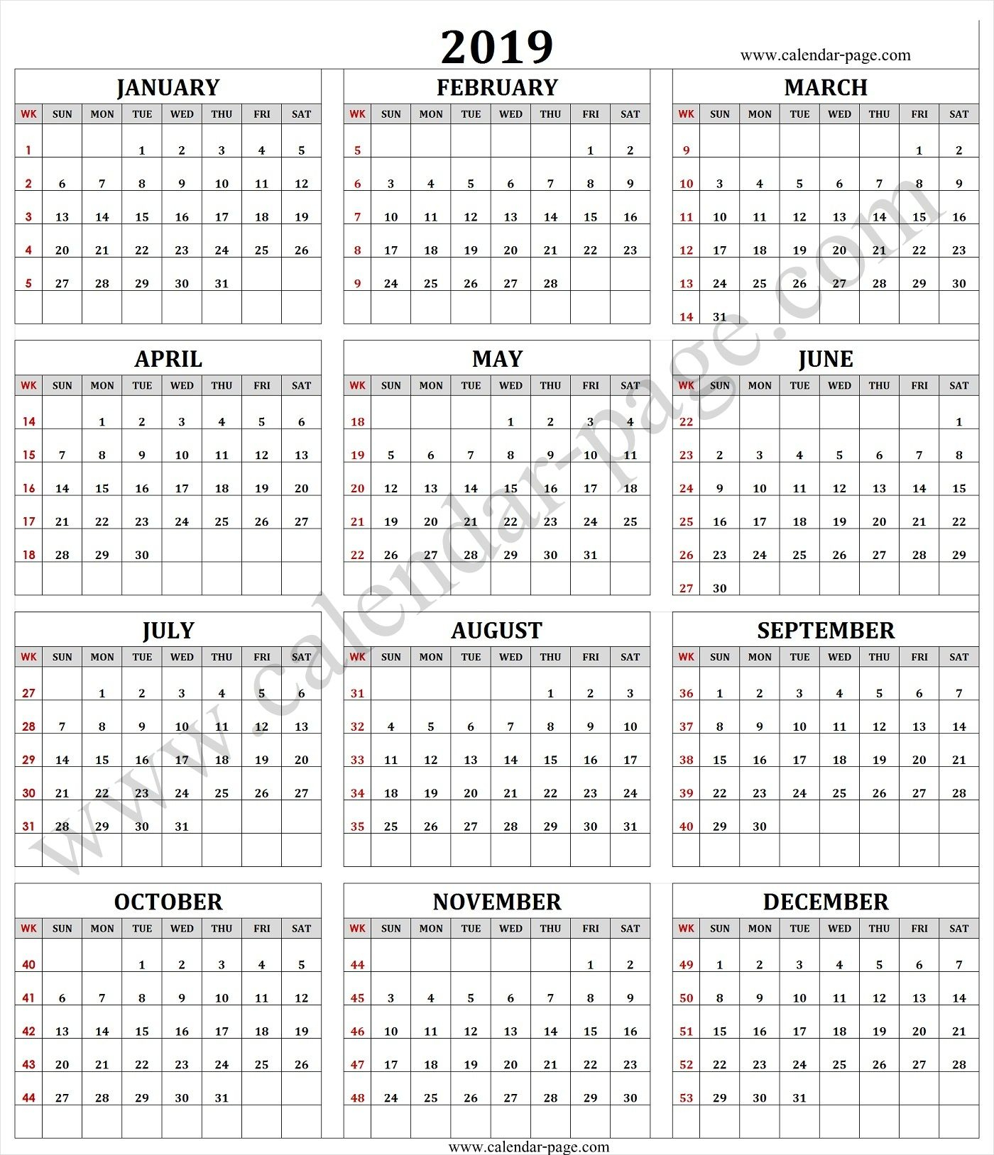 2019 Calendar With Week Numbers - Free Download Printable