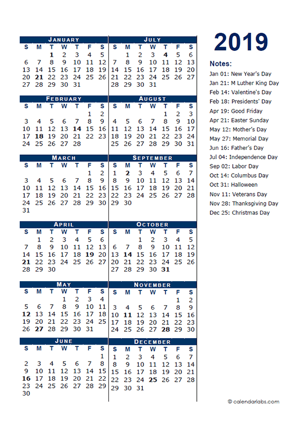 2019 Full Year Calendar Template Half Page - Free