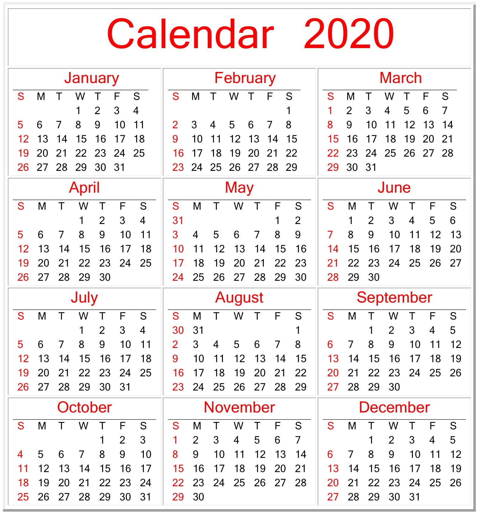 2020 Free Printable Yearly Calendar Without Downloading