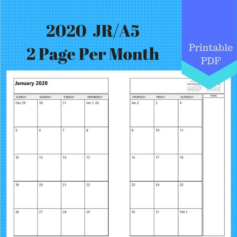 2020 Jr Two Page Per Month Monthly Calendar Pages Planner