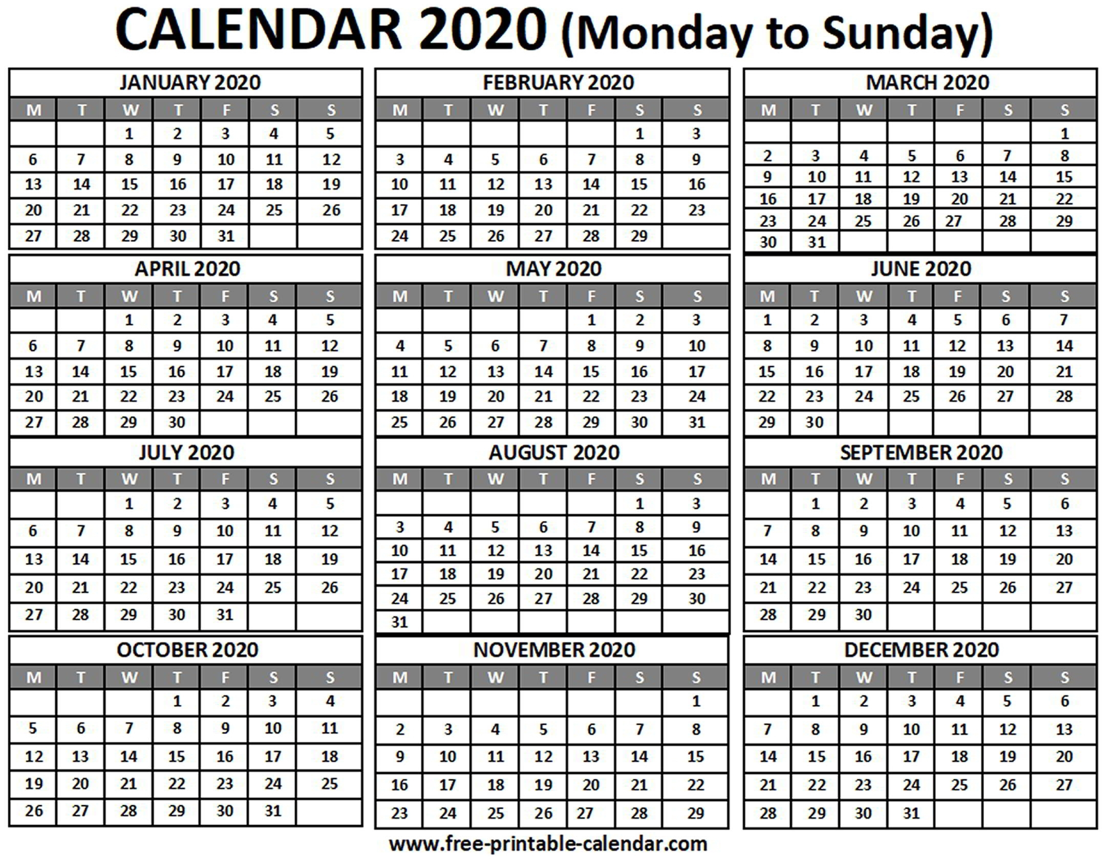 2020 Monday To Sunday Calendar Printable - Calendar