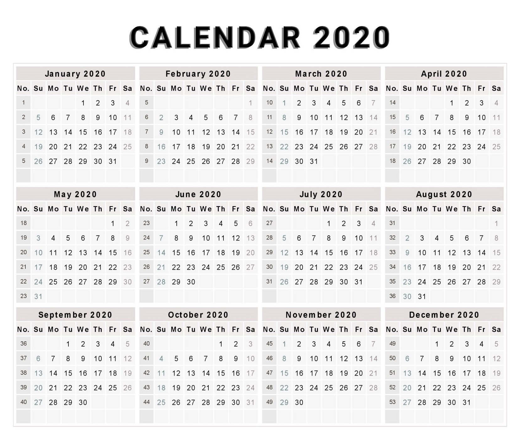 2020 One Page Calendar Printable | Calendar 2020