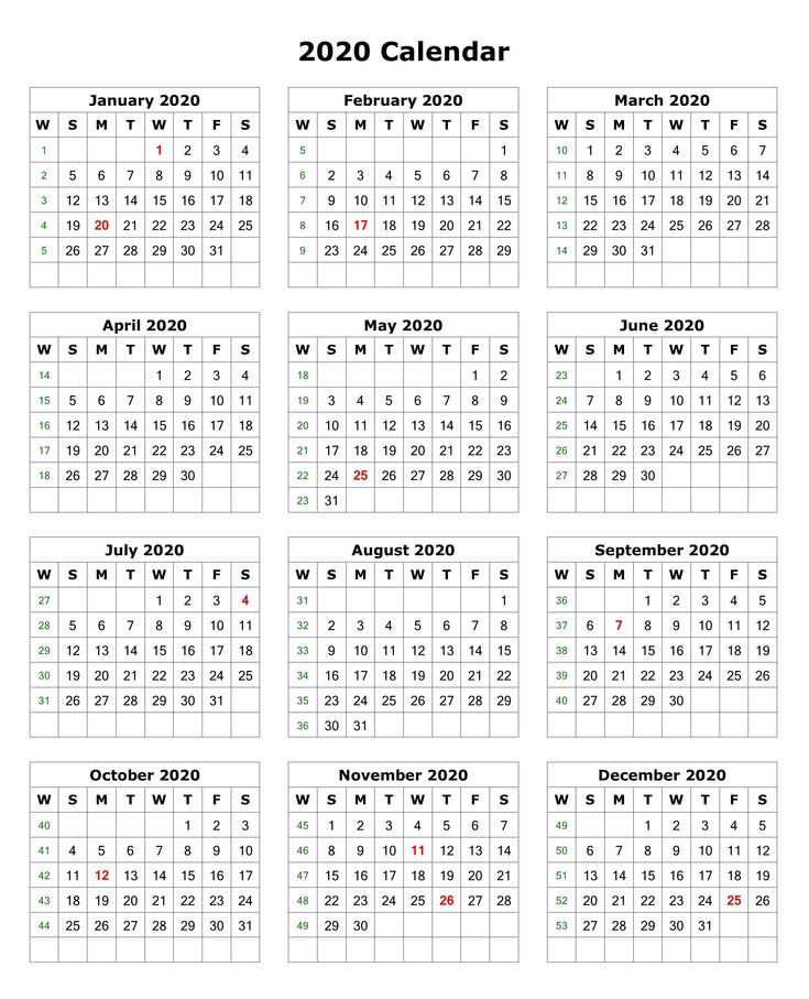 2020 One Page Portrait Calendar | Printable Calendar