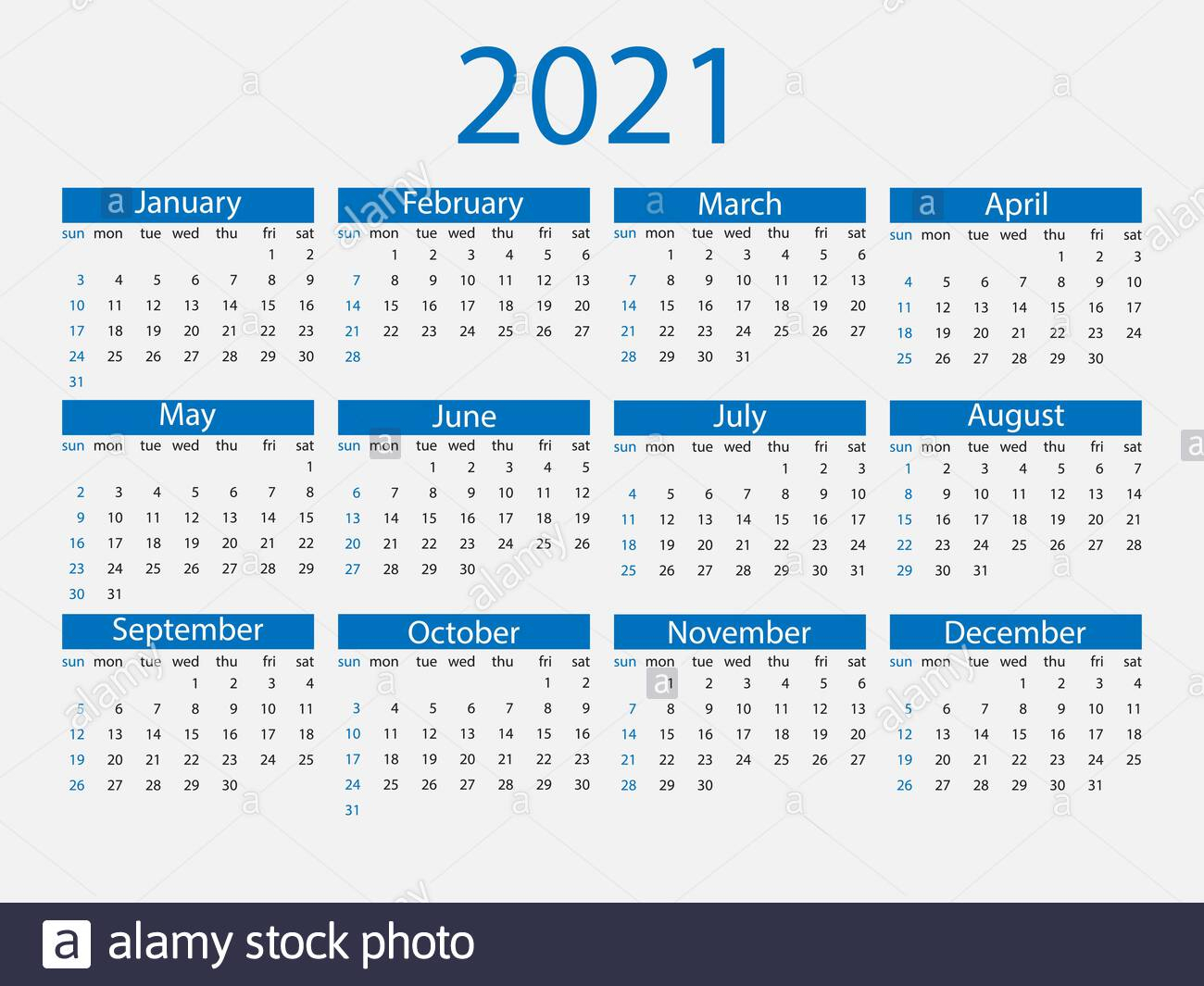 2021 Calendar, Week Starts Sunday. Vector Illustration