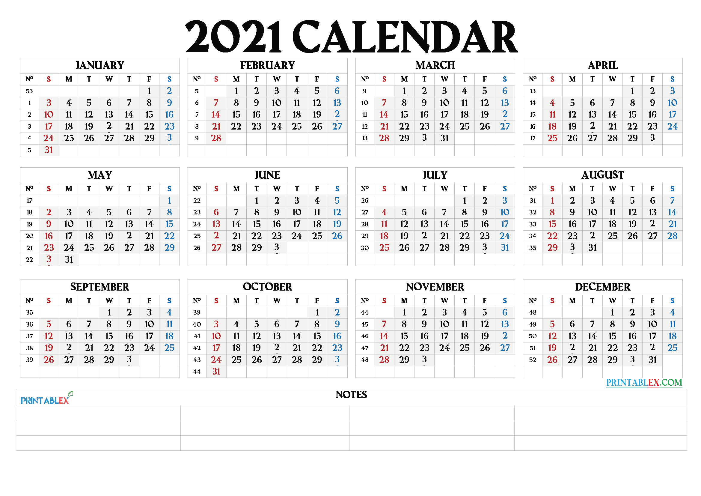 2021 Calendar With Week Number Printable Free / Free