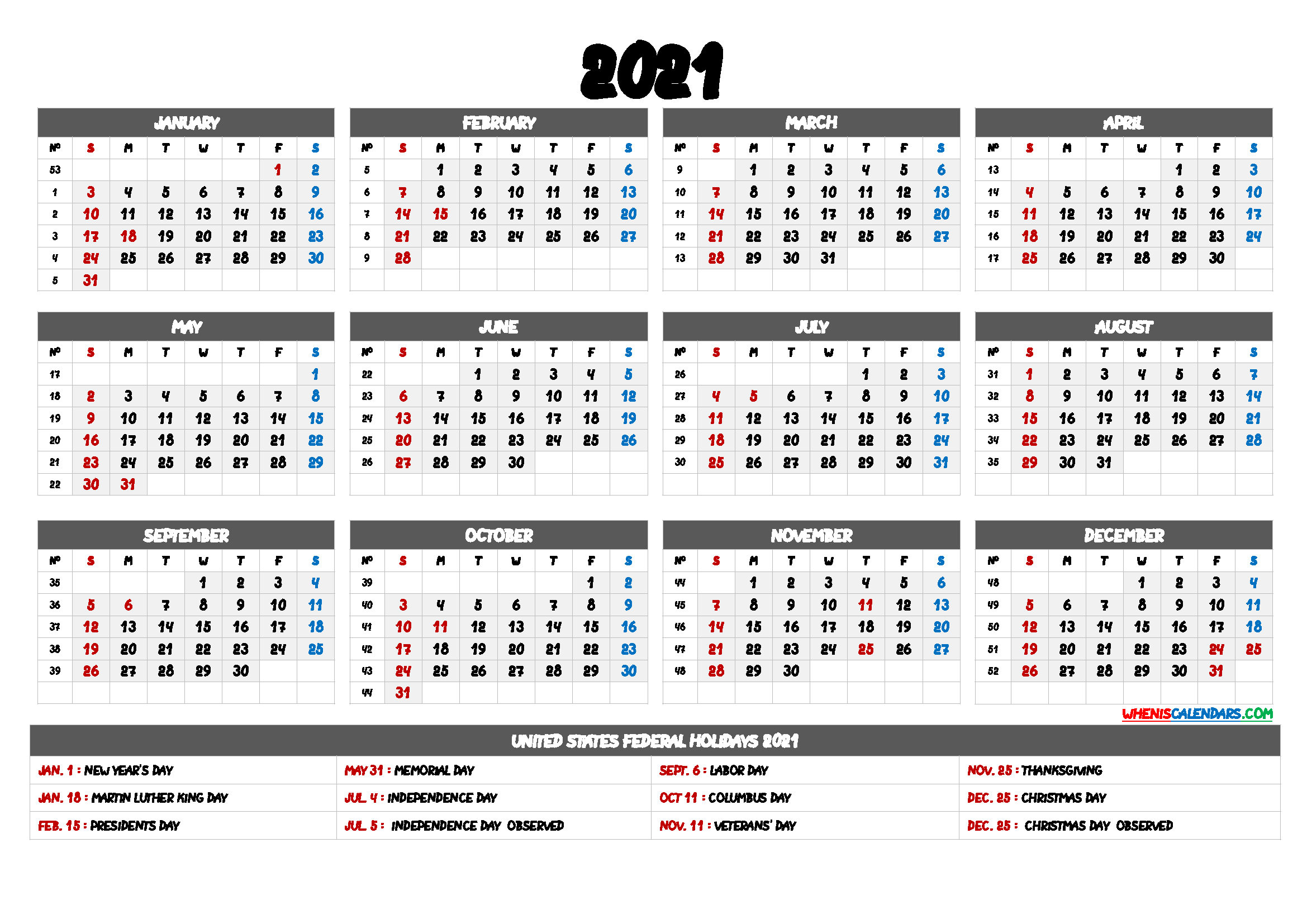 2021 Calendar With Week Numbers - 9 Templates