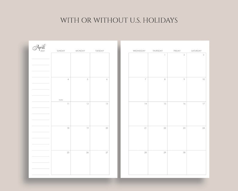 2021 Dated Monthly Calendar Printable Planner Inserts