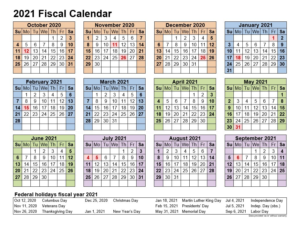 2021 Fiscal Calendars Landscape Format