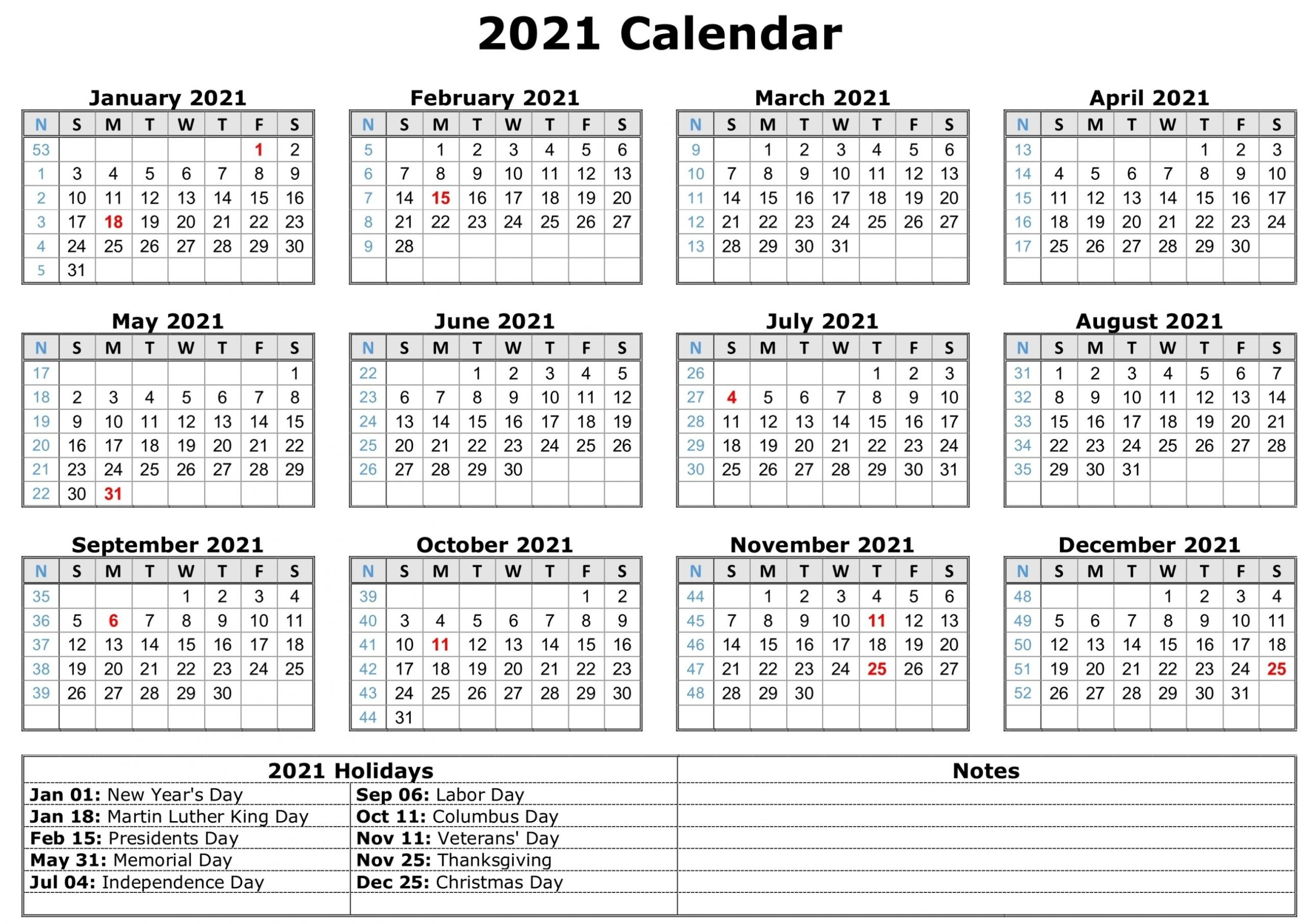 2021 Monthly Calendar With Holidays | Free Letter Templates