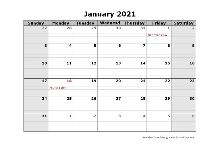 2021 Monthly Template - Calendarholidays
