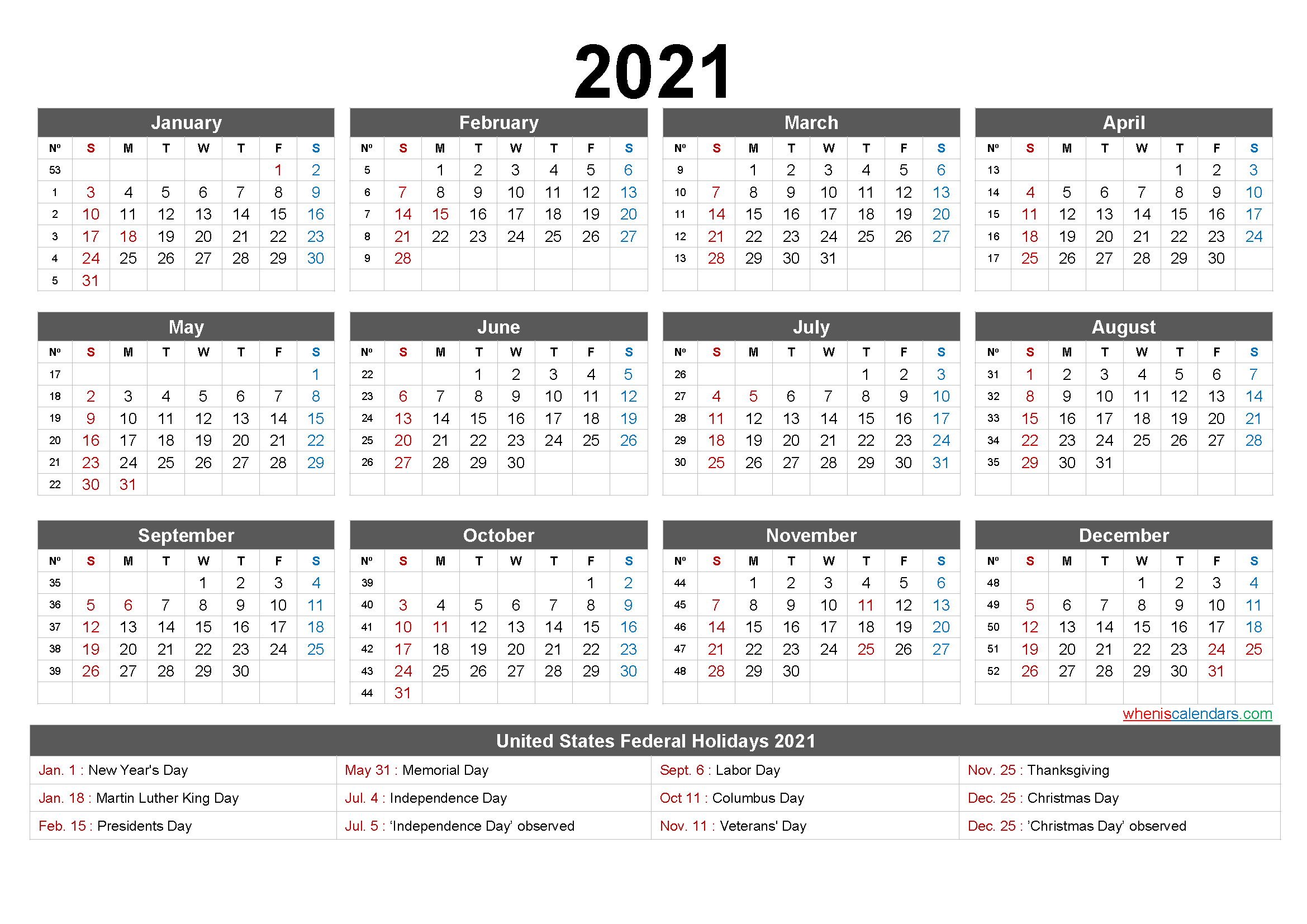 2021 One Page Calendar Printable - 6 Templates | Free