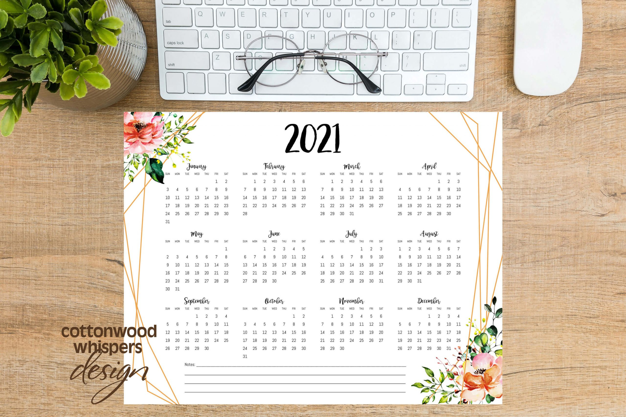 2021 Year At A Glance Calendar | Geometric Floral