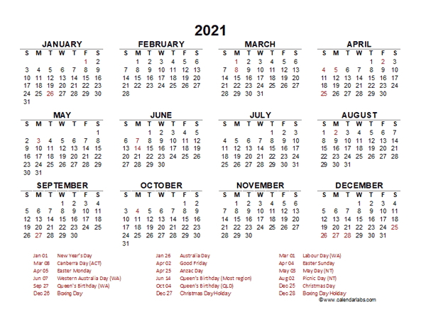 2021 Year At A Glance Calendar With Australia Holidays