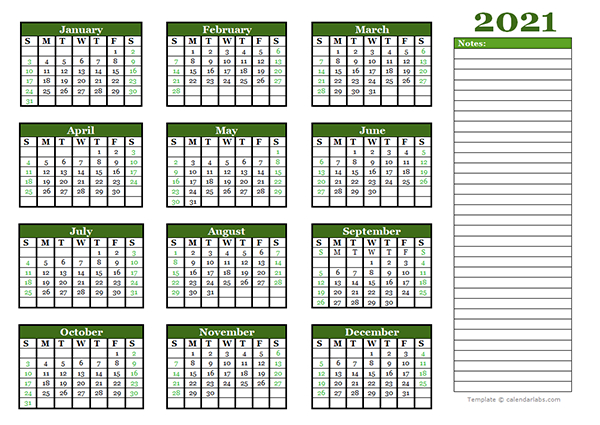 2021 Yearly Calendar With Blank Notes - Free Printable Templates