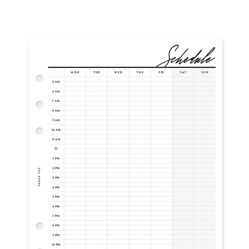 24 Hour Weekly Schedule Printable Planner Insert V2019 A5