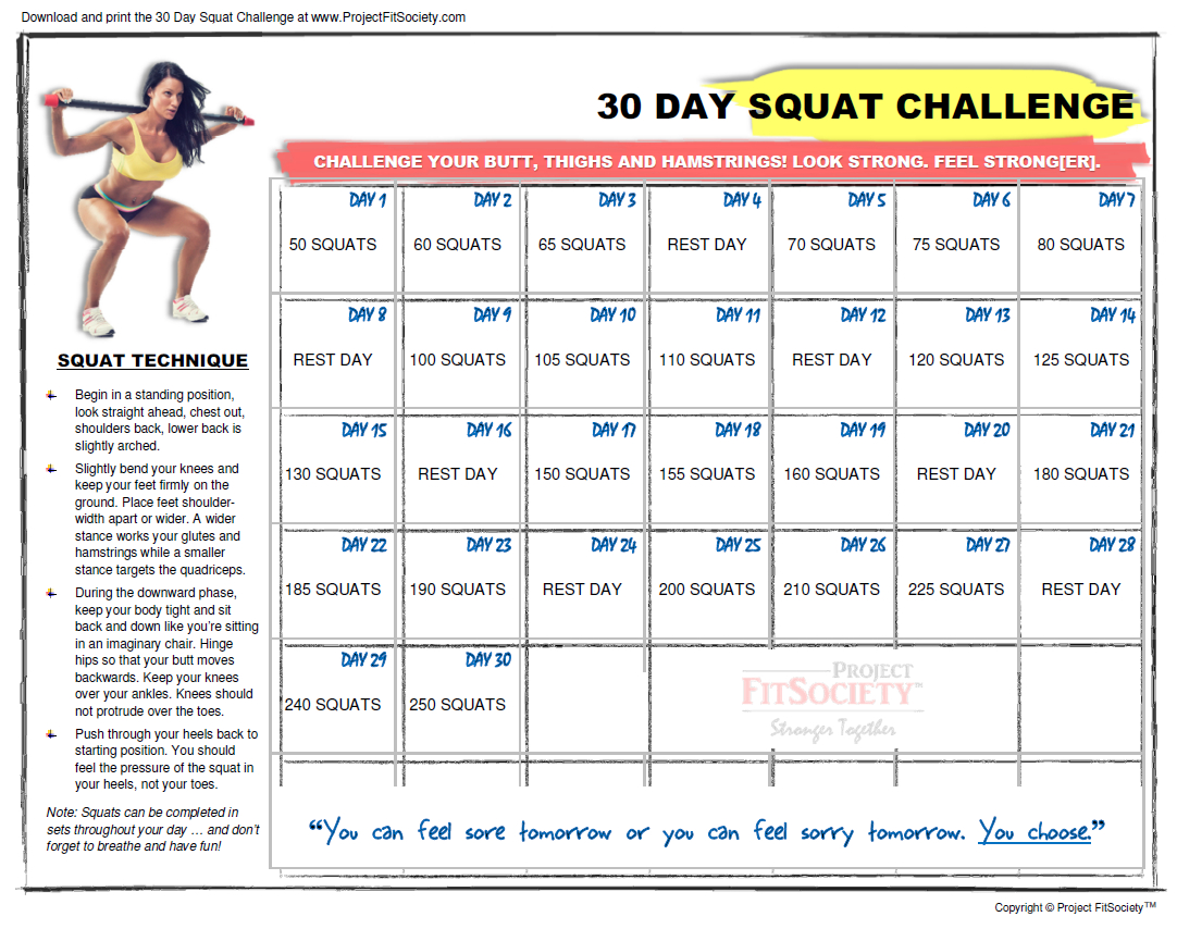 30 Day Squat Challenge Schedule Calendar | Printable