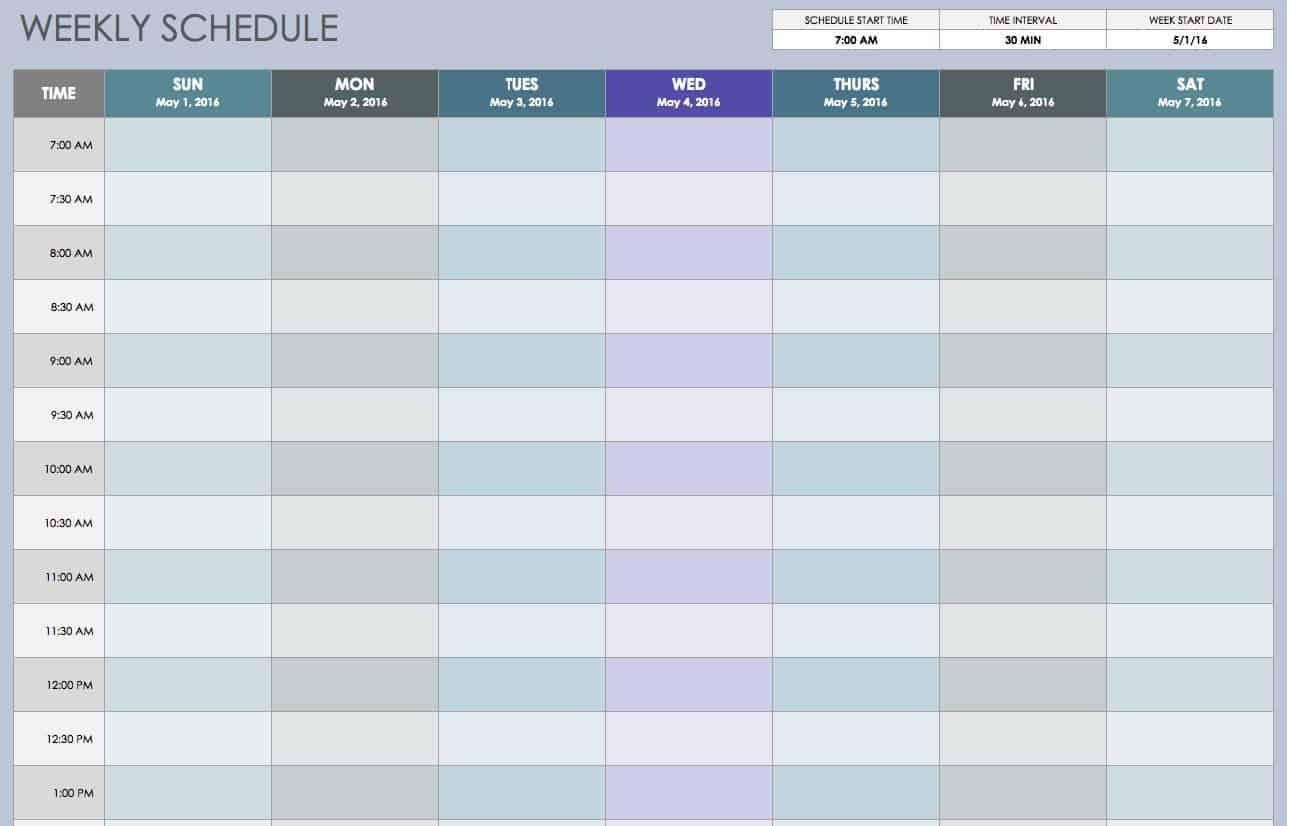 30 Mins Increment Spreadsheet - Example Calendar Printable