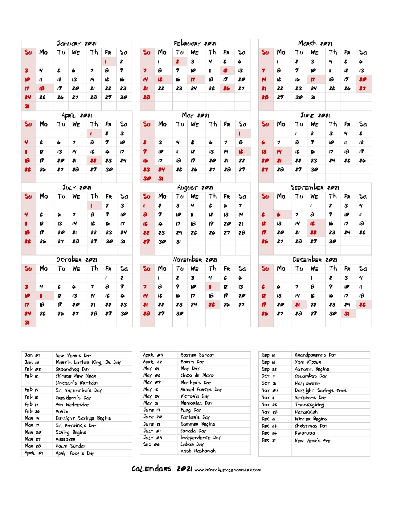 68+ Printable 2021 Yearly Calendar With Holidays, Portrait