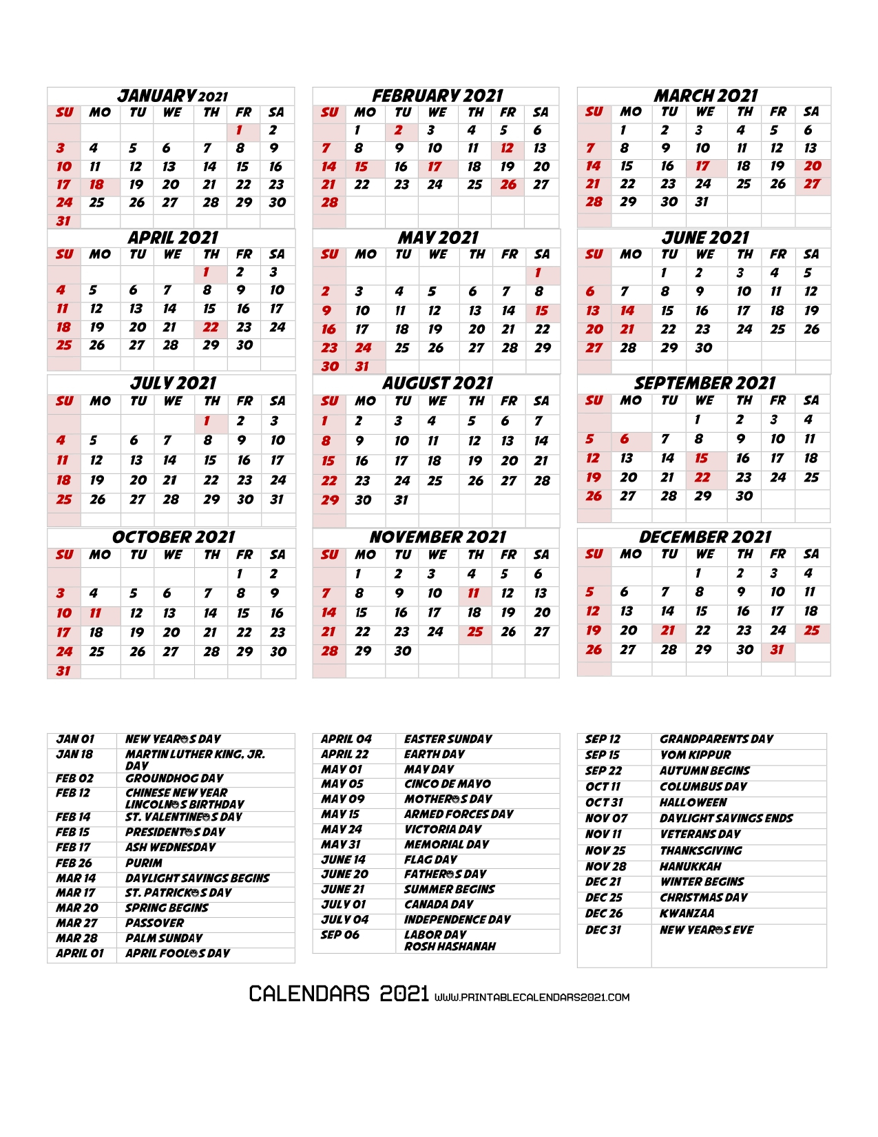 68+ Printable 2021 Yearly Calendar With Holidays, Portrait