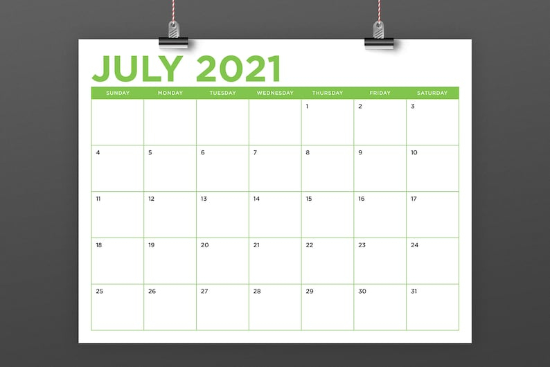 8.5 X 11 Inch Color 2021 Calendar Template Instant