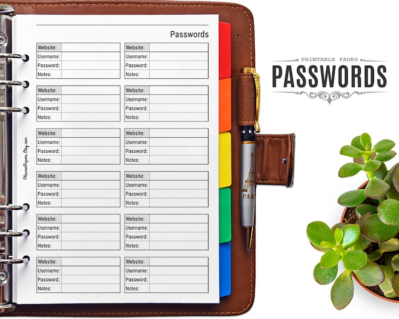 A5 Printable Password Log Keeper Filofax Password