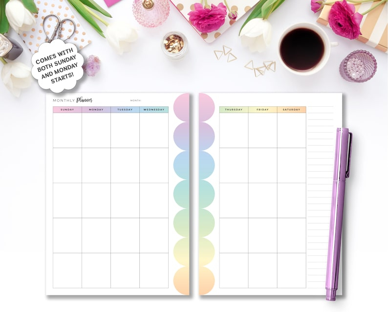 A6 Printable Undated Month On 2 Pages Calendar Insert In