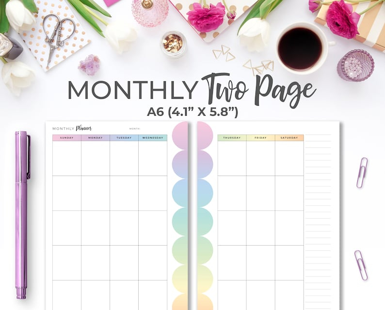 A6 Printable Undated Month On 2 Pages Calendar Insert In