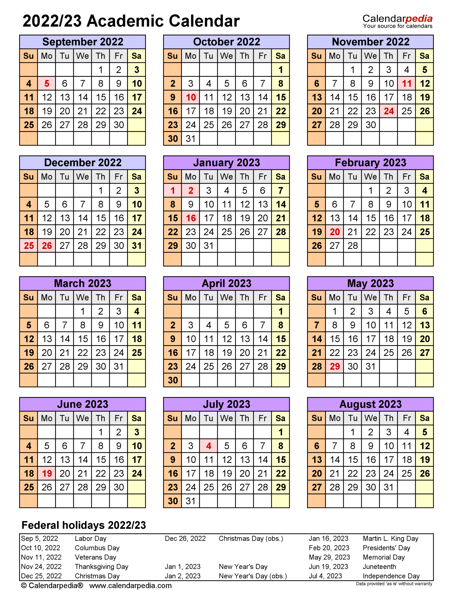 Academic Calendars 2022/2023 - Free Printable Word Templates