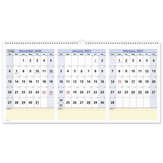 At-A-Glance 2021 Quicknotes Three Month Horizontal Wall