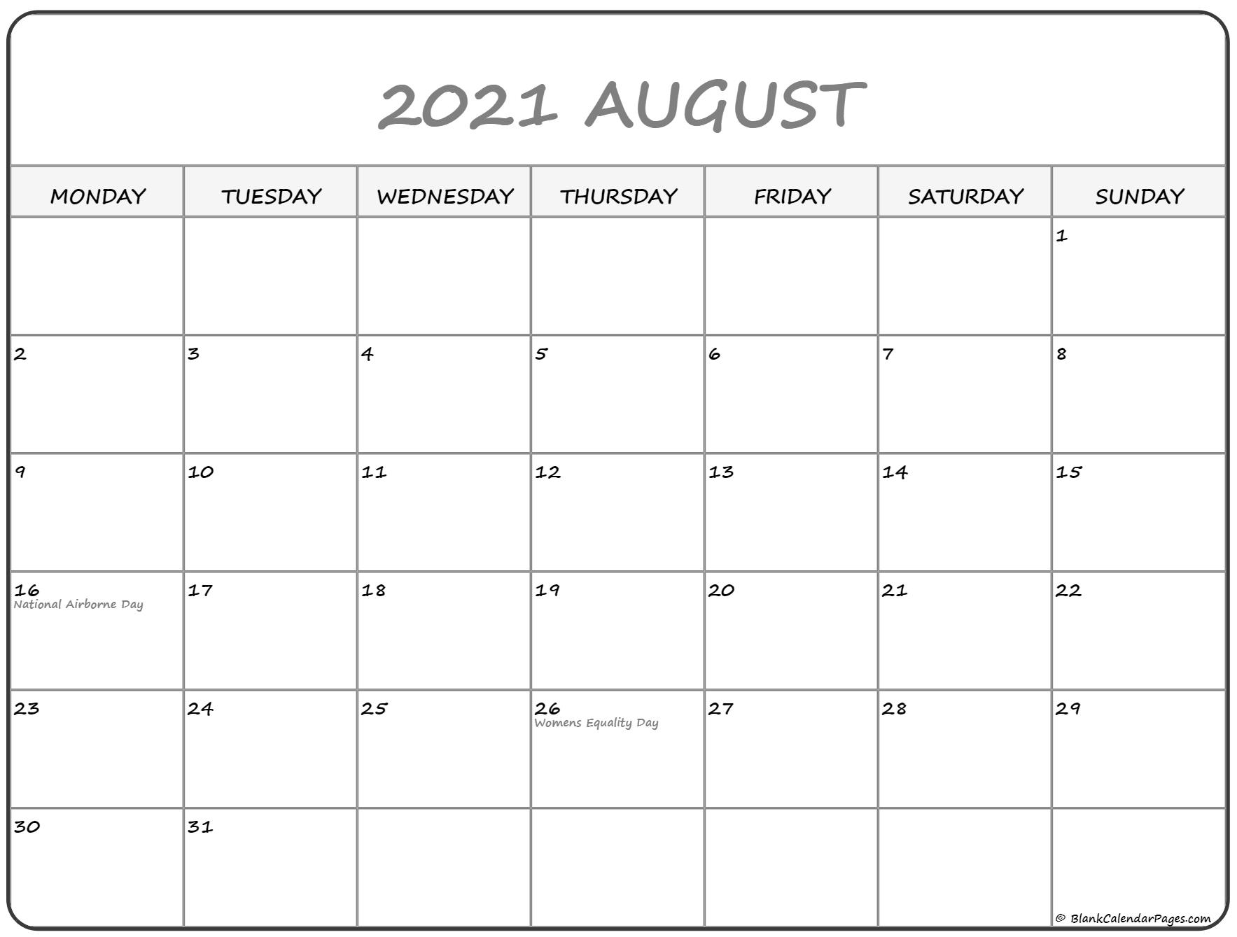 August 2021 Monday Calendar | Monday To Sunday