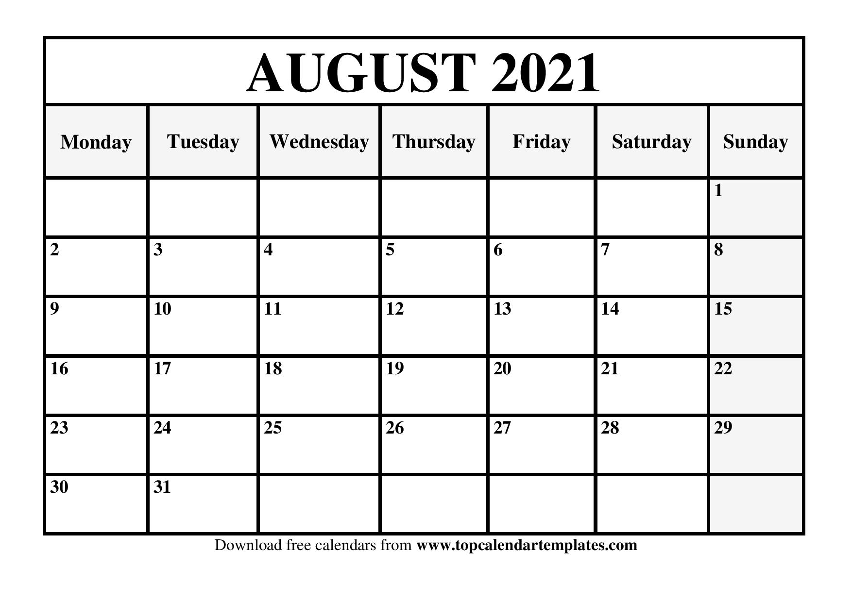 August 2021 Printable Calendar - Monthly Templates