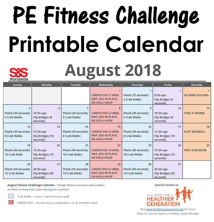 August Printable Fitness Challenge Calendar - S&amp;S Blog